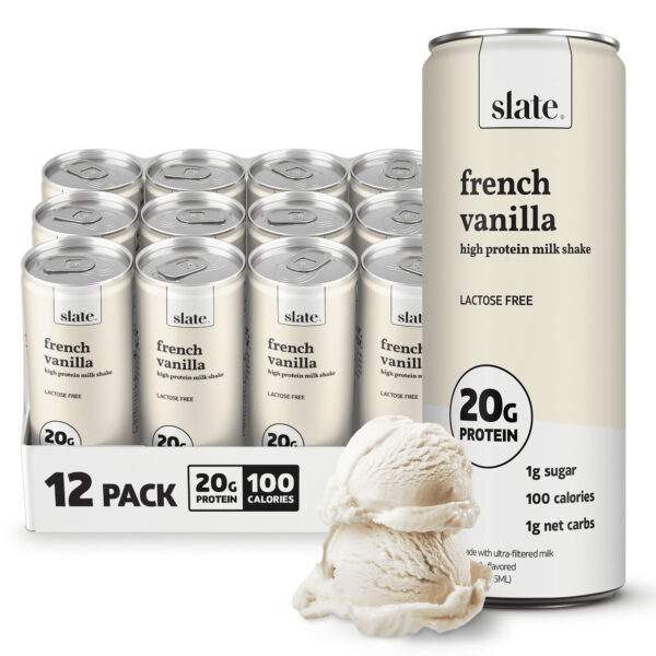 Slate Milk - High Protein Milk Shake - French Vanilla - 20g Protein, 1g Sugar, 100 Calories - 11 fl oz, 12 Cans