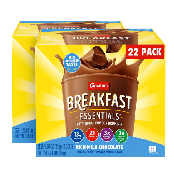 (2 pack) Carnation Breakfast Essentials Powder Protein Nutritional Shake Drink Mix Packets, Rich Milk Chocolate Breakfast Shake, 22 Count