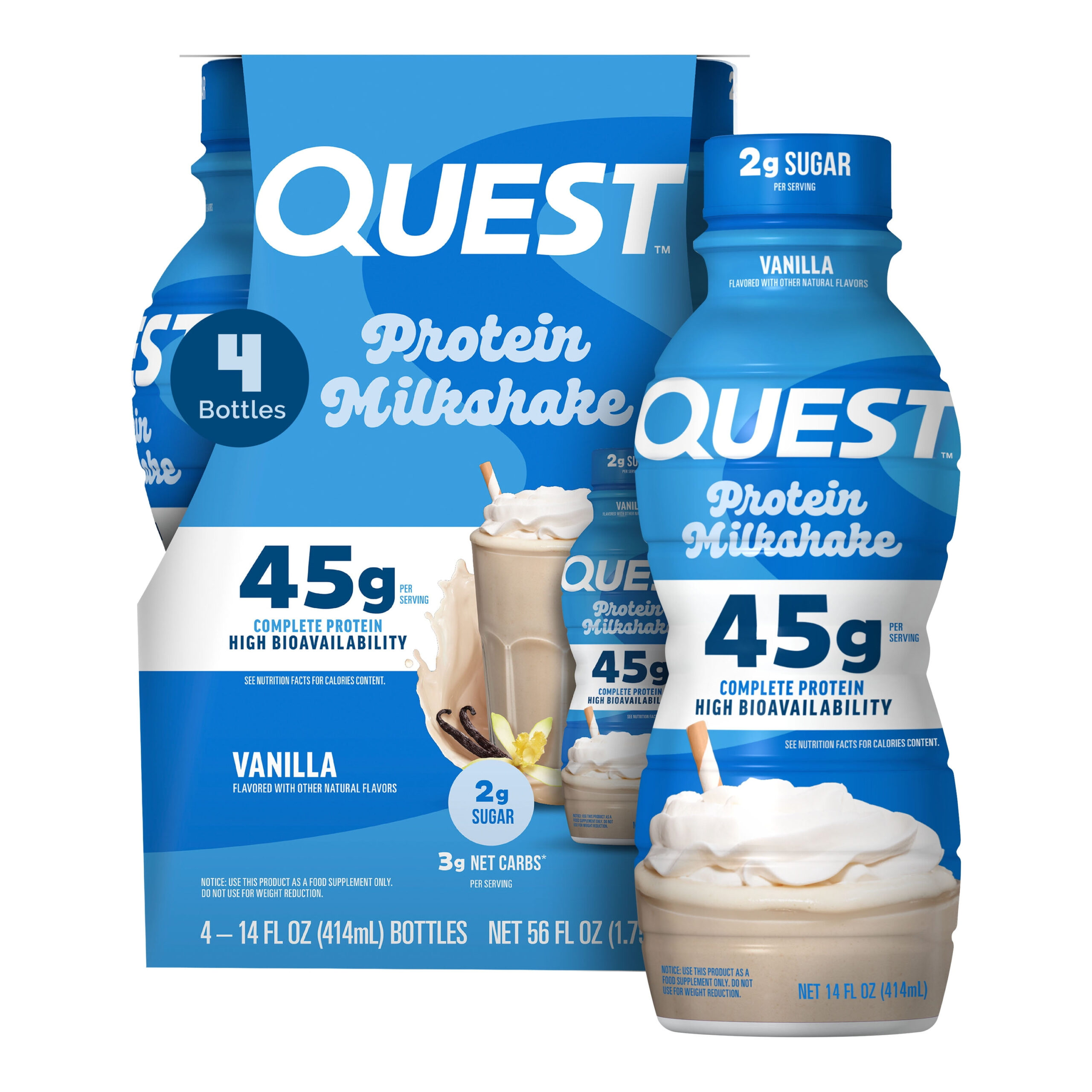 69d8ba49365573f34c495b62218aeae56cad0a17744e0cc97a90f.jpg Quest Protein Milkshake, Vanilla Flavor, High Protein, Low Sugar, 14fl oz, 4 Count - Image 1
