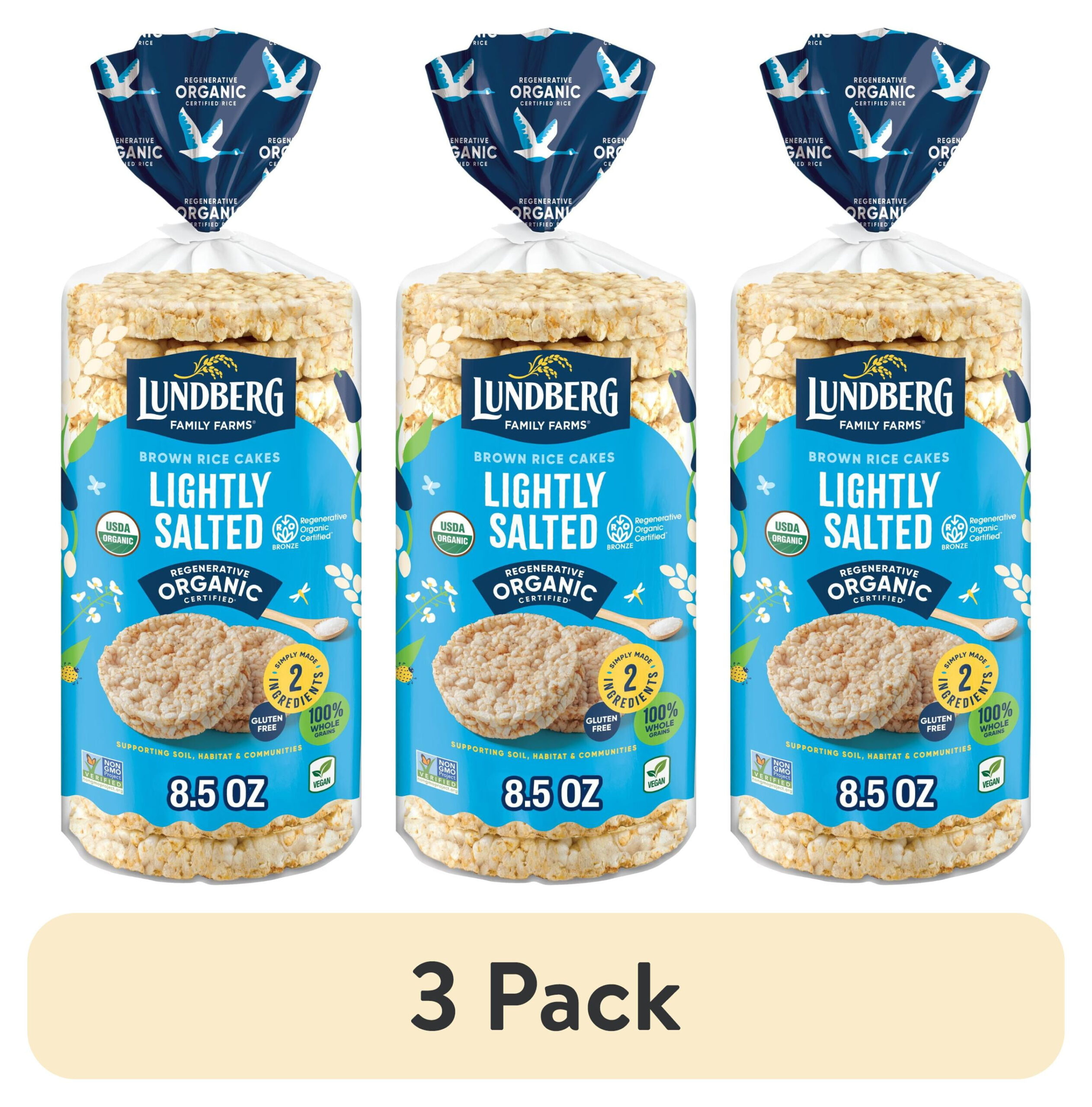 69d8bdb38bfa29ceab126bf0339f8c5bfb6a03a8b4830732f6f94.jpg (3 pack) Lundberg Organic Brown Rice Cakes, Lightly Salted, Vegan, Gluten-Free, 8.5 Ounces - Image 1