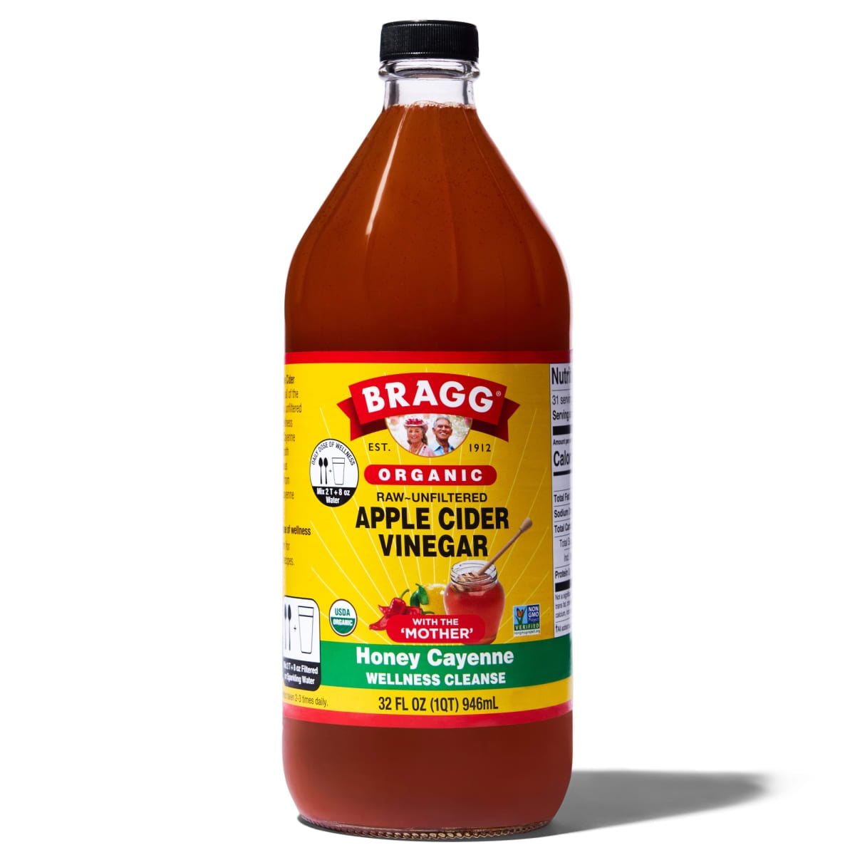 69da6a94184d425716216882086a0206cb65afa3a510bb8e2fa47.jpg Bragg Organic Apple Cider Vinegar Honey Cayenne Wellness Cleanse with The Mother, Raw and Unfiltered, 32 fl oz - Image 1