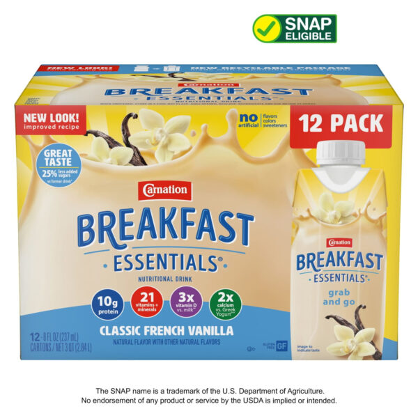Carnation Breakfast Essentials Nutritional Protein-Packed Drink Shakes, Classic French Vanilla Breakfast Shakes, 8 fl oz, 12 Pack