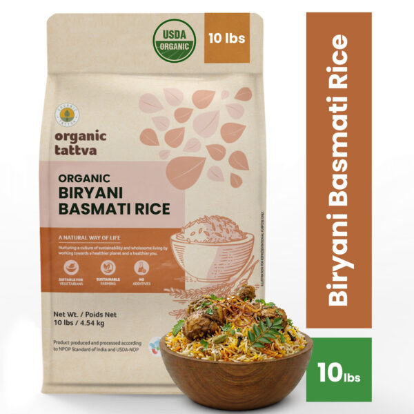 Organic Tattva Biryani Long Grain Basmati Rice 10LB, Biryani White Rice, Vegan, Non GMO, No Additives, Gluten Free, USDA Certified