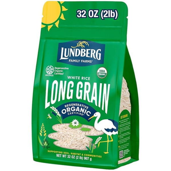 Lundberg White Rice, Regenerative Organic Certified – Non-Sticky, Aromatic Long Grain Rice, Responsibly Grown in California, 32 Oz(Packaging May Vary)
