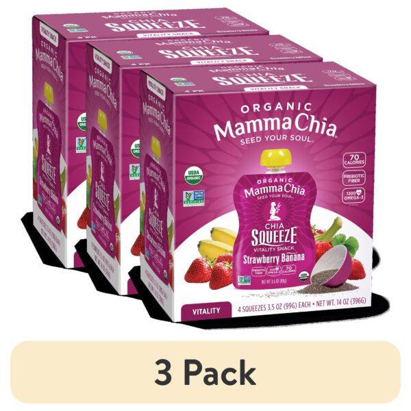 (3 pack) Mamma Chia Strawberry Banana Organic Chia Squeeze Pouch, 3.5 oz, 4 Pouches