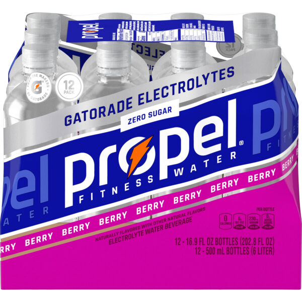 Propel Electrolyte Enhanced Water Sports Drink, Berry Flavored Water, Zero Calorie & Zero Sugar Hydration with Electrolytes and Vitamins C & E, 16.9 fl oz Water Bottles (12 Pack)