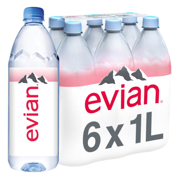 evian Natural Spring Drinking Water, 1 L, 6 Pack Bottles