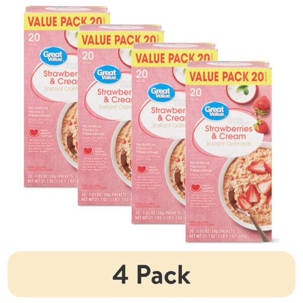 (4 pack) Great Value Strawberries & Cream Instant Oatmeal Value Pack, 1.05 oz, 20 Count