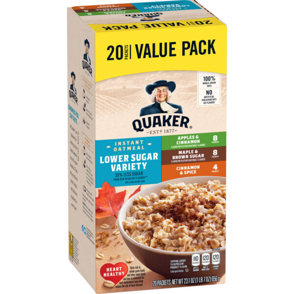 Quaker Instant Oatmeal, Lower Sugar Variety Pack, 1.16 oz, 20 Packets