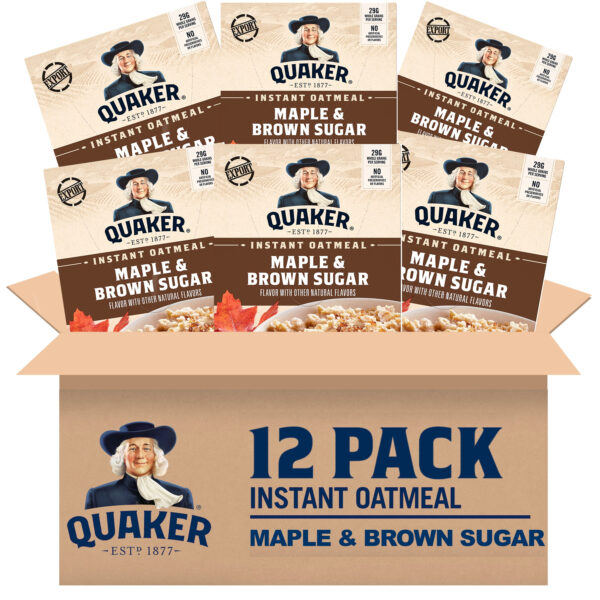 (12 pack) Quaker Instant Oatmeal, Maple Brown Sugar, 12.1 oz, 8 Packets
