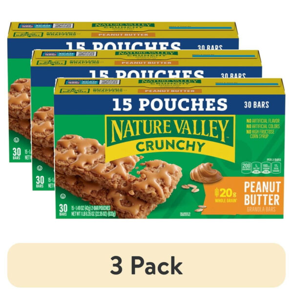 (3 pack) Nature Valley Crunchy Granola Bars, Peanut Butter, 30 Count, 22.35 oz (15 Pouches)