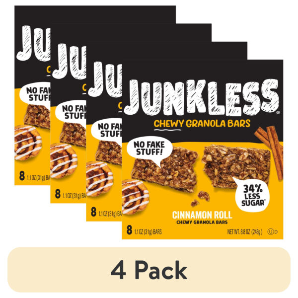 (4 pack) Junkless Chewy Cinnamon Roll Granola Snack Bars, 1.1 oz, 8 Count