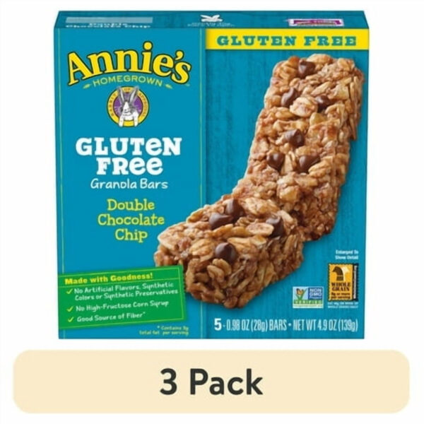 (3 pack) Annie's Gluten Free Chewy Granola Bars, Double Chocolate Chip, 5 Bars, 4.9 oz