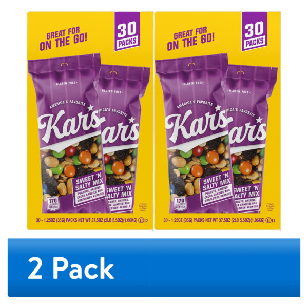 (2 pack) Kar’s Gluten-Free Sweet ’n Salty Trail Mix, 1.25 oz, 30 Count – Single-Serve Snack Bags with Peanuts, Raisins, Cocoa Candies, and Sunflower Kernels