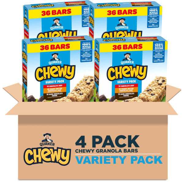 (4 pack) Quaker Chewy Granola Bars, 3 Flavor Variety Pack, 30.4 oz, 36 Count