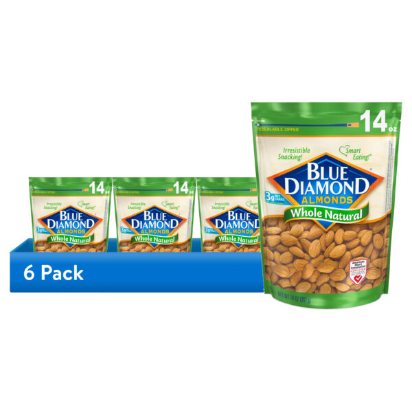 (6 pack) Blue Diamond Almonds, Whole Natural Raw Almonds, 14 oz