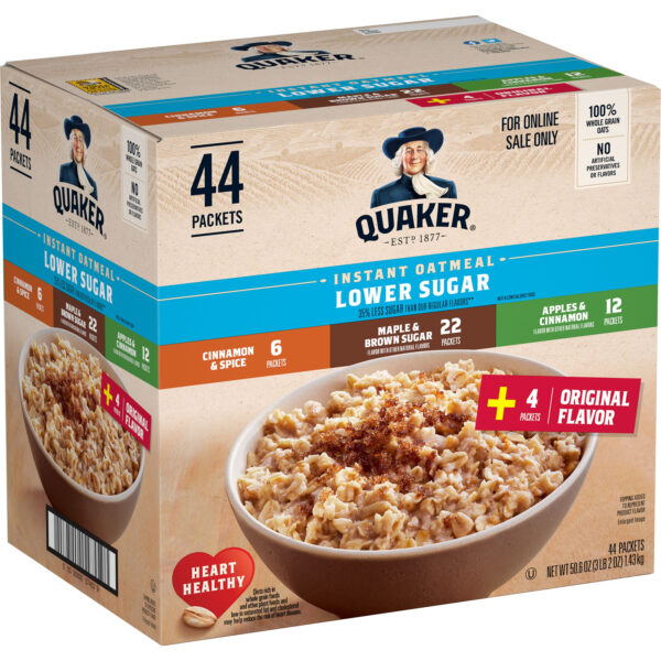 Quaker Instant Oatmeal, Lower Sugar, 4 Flavor Variety Pack, 44 Packets