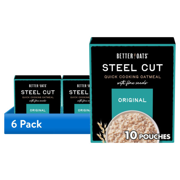 (6 pack) Better Oats Original, Steel Cut Oatmeal, Flax Seed, Instant Oatmeal, Hearty 10 Packets, 11.6 oz Box