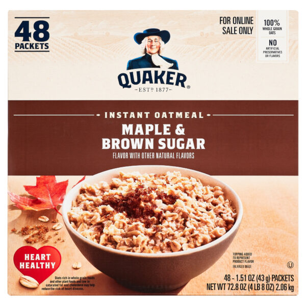 Quaker Instant Oatmeal, Maple & Brown Sugar, Quick Cook Oatmeal, 48 Packets