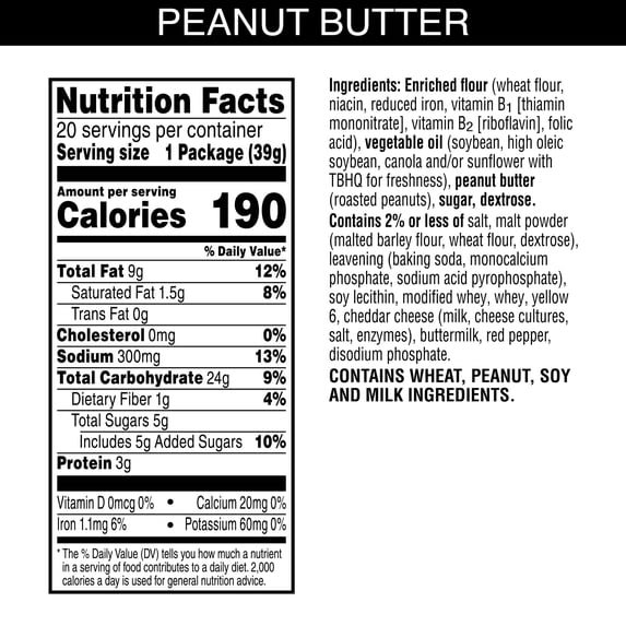 Austin Peanut Butter On Toasty Sandwich Crackers, 20 Count - nutrition facts